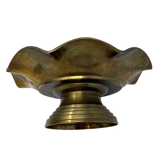 Vintage Solid Brass Pedestal Bowl with Scalloped Edge- India  Vintage Brass Pedestal Bowl India Etched Scalloped Strawberry Floral